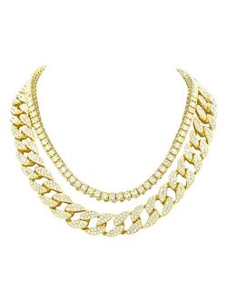 Charles Raymond Iced Out Hip Hop Gold or Silver Tone CZ Miami Cuban Link Chain Choker Necklaces Set