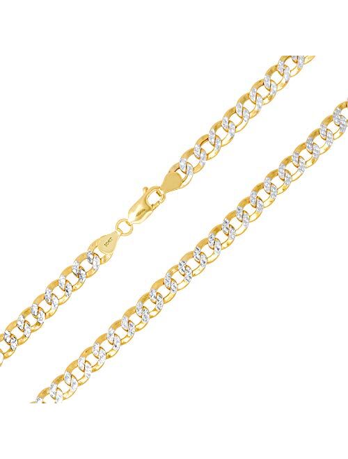 Nuragold 10k Yellow Gold 7.5mm Cuban Chain Curb Link Diamond Cut Pave Two Tone Necklace, Mens Jewelry Lobster Clasp 20" 22" 24" 26" 28" 30"