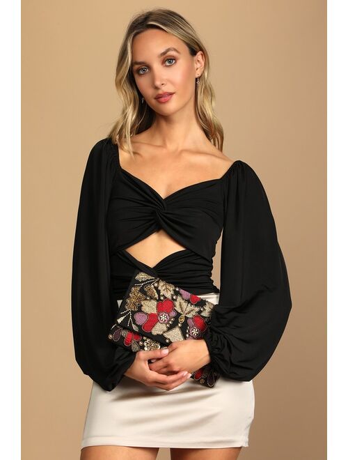 Lulus Dramatic Details Black Multi Embroidered Clutch