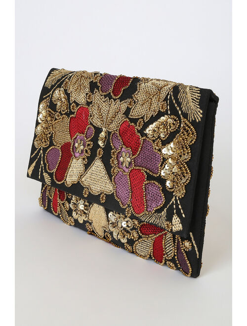 Lulus Dramatic Details Black Multi Embroidered Clutch