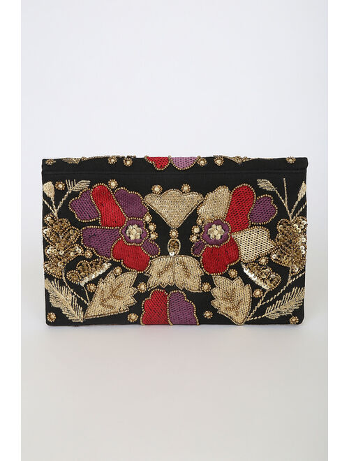 Lulus Dramatic Details Black Multi Embroidered Clutch