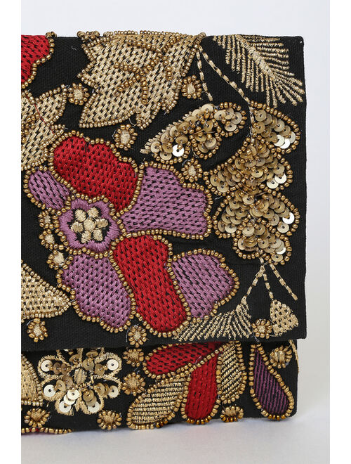 Lulus Dramatic Details Black Multi Embroidered Clutch