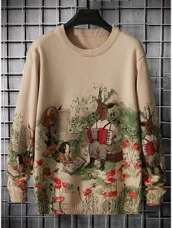 Men Floral And Figure Graphic Sweater