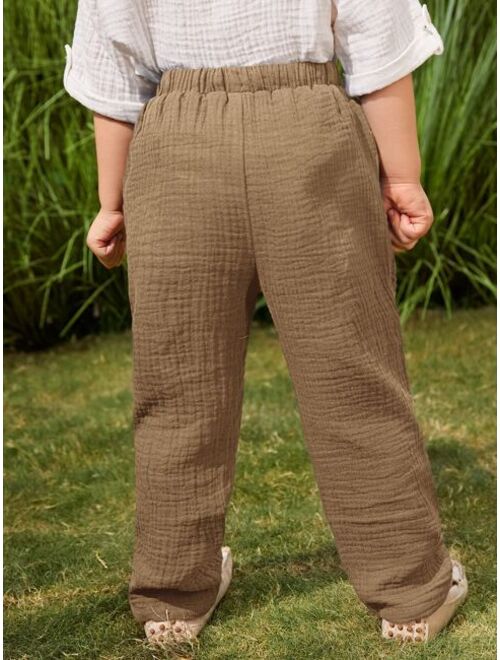 SHEIN Toddler Boys Knot Waist Letter Embroidery Pocket Patched Pants