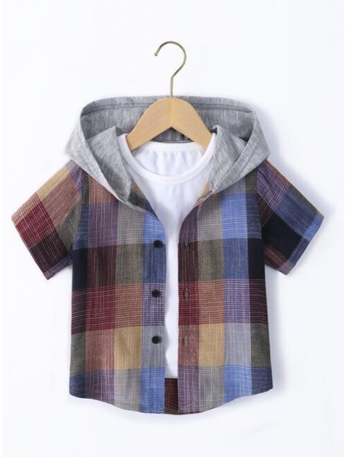 Shein Toddler Boys Plaid Print Hooded Shirt Without Tee