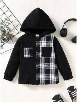 Toddler Boys Plaid Print Pocket Patched Hooded Shirt