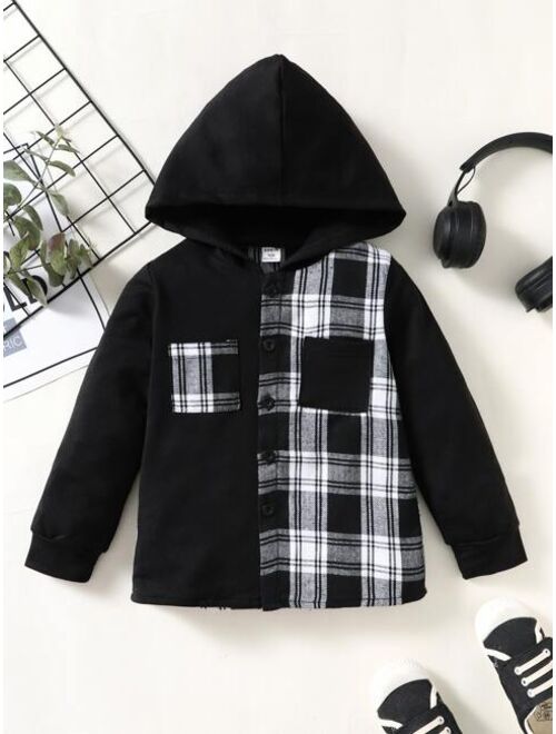 Shein Toddler Boys Plaid Print Pocket Patched Hooded Shirt