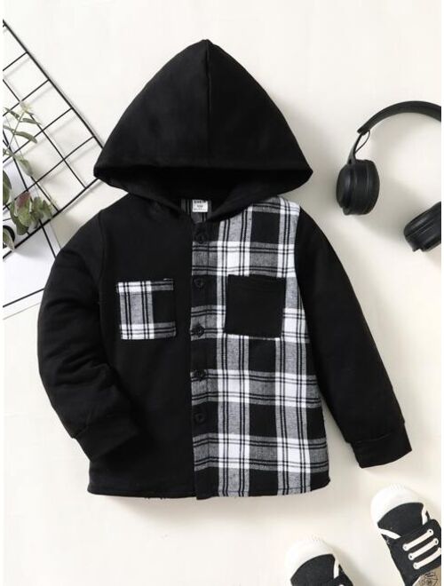 Shein Toddler Boys Plaid Print Pocket Patched Hooded Shirt