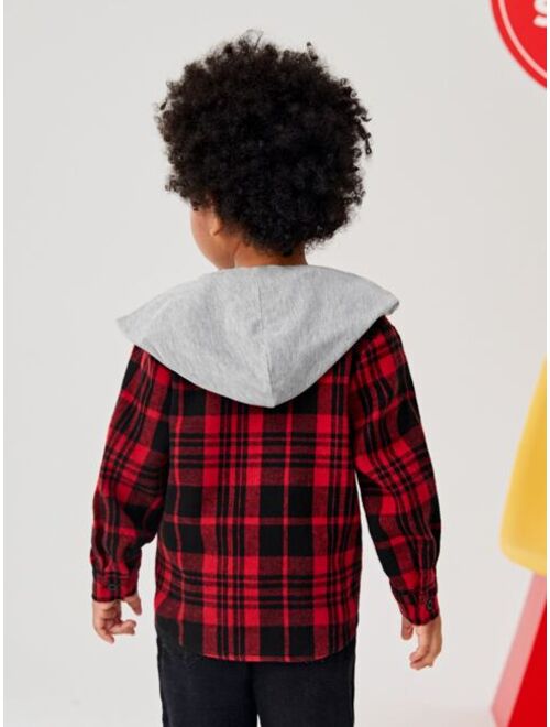 SHEIN Toddler Boys Plaid Print Hooded Shirt