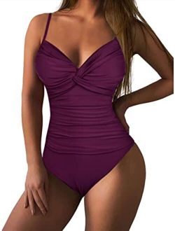 Women's Ruched Twist Front One Piece Swimsuits Tummy Control Swimwear Underwire Push Up Bathing Suits Monokini
