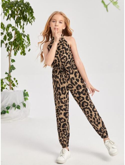 SHEIN Girls Leopard Belted Jumpsuit