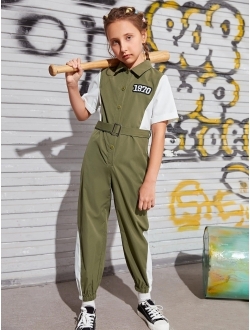Girls Colorblock Number Patched Belted Jumpsuit