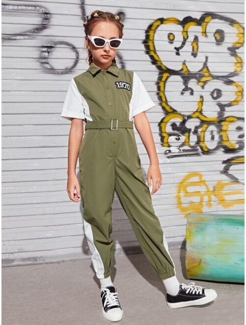 SHEIN Girls Colorblock Number Patched Belted Jumpsuit