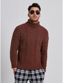 Men Turtle Neck Drop Shoulder Cable Knit Sweater