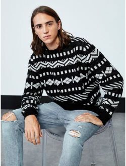 Men Geo Pattern Round Neck Sweater