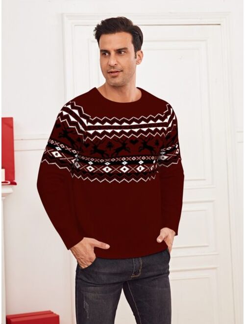 Shein Men Christmas Elk Geo Pattern Raglan Sleeve Sweater