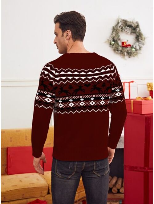 Shein Men Christmas Elk Geo Pattern Raglan Sleeve Sweater