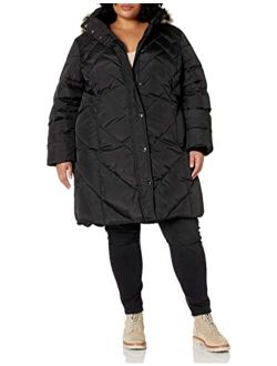 Women's Plus Size Snap Front Hooded Multi Pattern Quilt Down Coat