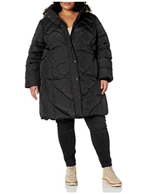 LONDON FOG Women's Plus Size Snap Front Hooded Multi Pattern Quilt Down Coat