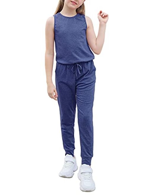 GORLYA Girl's Sleeveless Solid Casual Jumpsuit Rompers Harem Pants Outfits for 4-14T