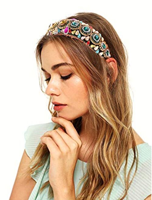 Urwomin Rhinestone Padded Headband Baroque Crystal Embellished Hairbands Colorful Beaded Headbands Fashion Bejewelled HairHoop Accessory for Women Girls