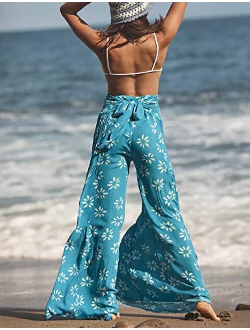 Lrady Womens Wide Leg Palazzo Lounge Pajama Pants High Waist Tied Belt Beach Boho Loose Yoga Athletic Long Trousers