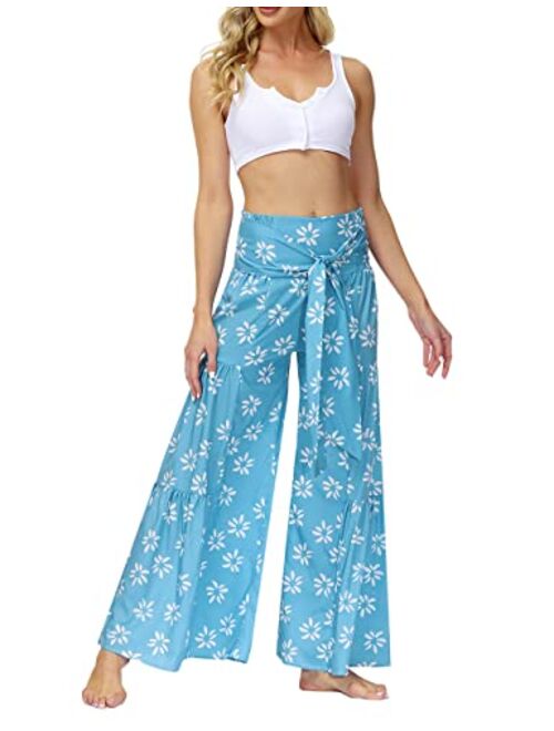 Lrady Womens Wide Leg Palazzo Lounge Pajama Pants High Waist Tied Belt Beach Boho Loose Yoga Athletic Long Trousers