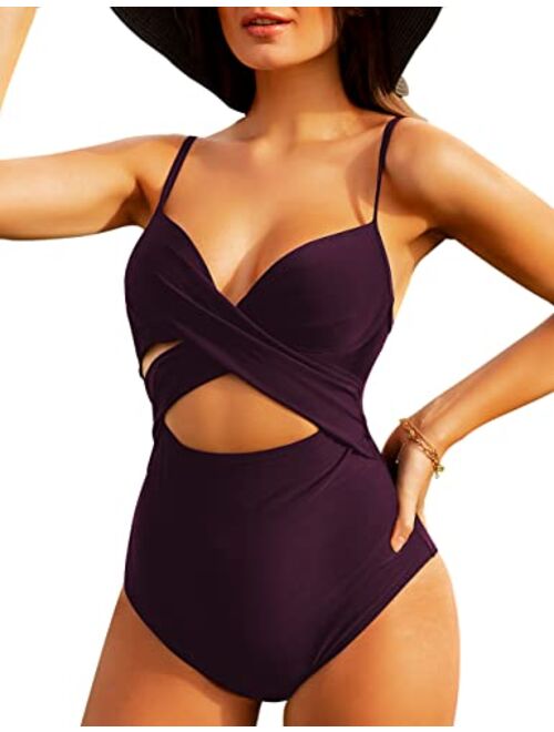 Hilor Women's Sexy One Piece Swimsuits with Underwire Wrap Cutout Bathing Suits Push Up Monokini Swimwear
