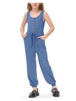 Besserbay Girls Button Down Slevessless Romper Drawstring Long Pant Jumpsuit with Side Pockets 6-12 Years