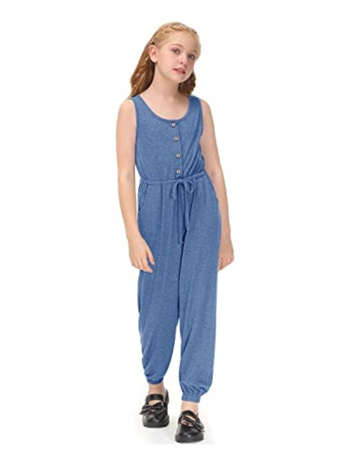 Besserbay Girls Button Down Slevessless Romper Drawstring Long Pant Jumpsuit with Side Pockets 6-12 Years