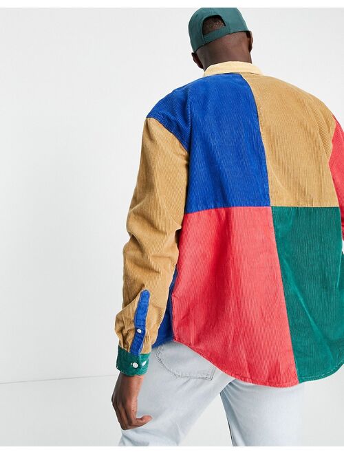 ASOS DESIGN 90s oversized cord shirt in color blocking with chest print