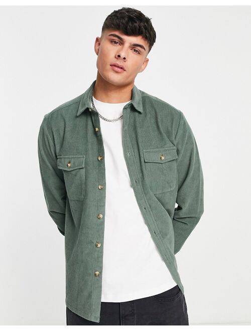 ASOS DESIGN overshirt with double pockets in green cord