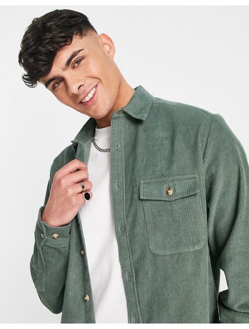 ASOS DESIGN overshirt with double pockets in green cord