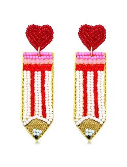 HZEYN Teacher Earrings Handmade Beaded Pencil Earrings Funny Coloured Pencil Drop Dangle Earrings for Teachers Appeciation Gifts Students Back to School Jewelry