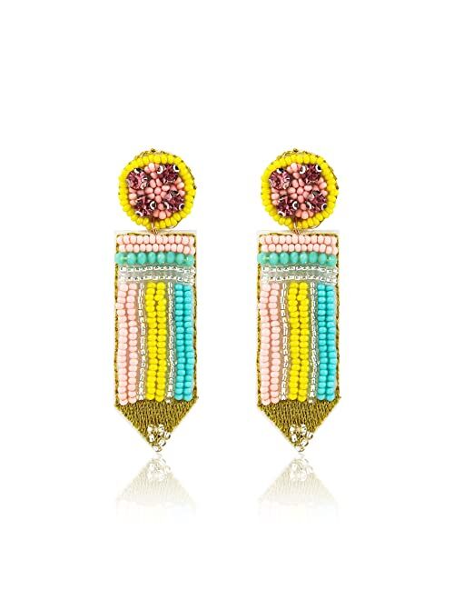 Colorful Bling Handmade Beaded Pencil Teacher Drop Dangle Earrings Lightweight Funny Pencil Bead Earrings with Colorful Rhinestones Crystal Beads for Women Student Back t
