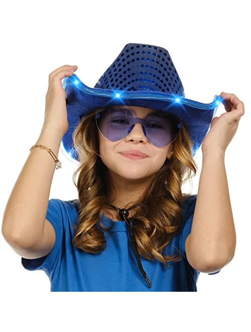 Funcredible Space Blue Light Up Halloween, Fun Rodeo Party Cowgirl Hat with Glasses