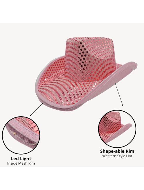 4E's Novelty Light Up Sequin Pink Light Up Cowboy Hat for Women & Teens