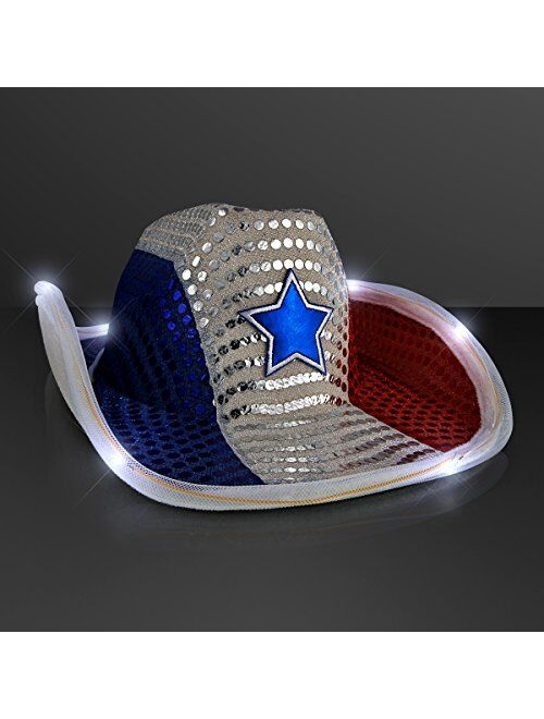 FlashingBlinkyLights Red White and Blue Sequin Light Up LED Cowboy Hat with White LED Brim