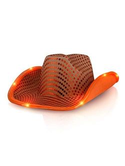 FlashingBlinkyLights Orange Sequin Light Up LED Cowboy Hat with Orange LED Brim