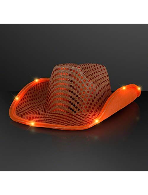 FlashingBlinkyLights Orange Sequin Light Up LED Cowboy Hat with Orange LED Brim