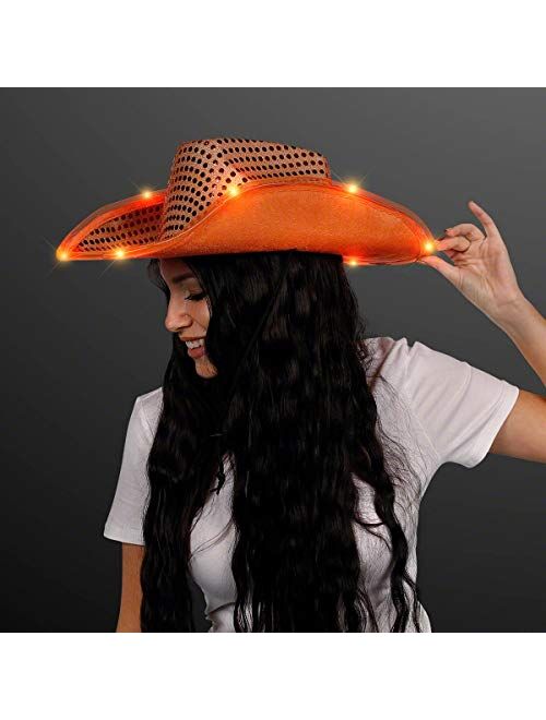 FlashingBlinkyLights Orange Sequin Light Up LED Cowboy Hat with Orange LED Brim