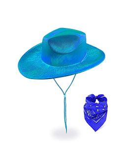 LMJFOR Space Women Neon Sparkly Metallic Holographic Cowgirl Hat with Bandana