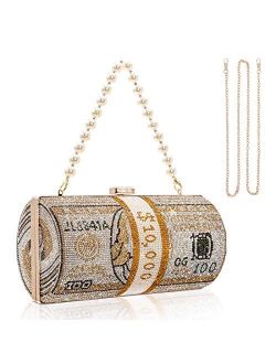 TANOSII Women Stack of Cash Evening Bag Crystal Rhinestone Clutch Money Shoulder Bag Dollar Bill Purse