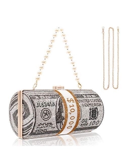 TANOSII Women Stack of Cash Evening Bag Crystal Rhinestone Clutch Money Shoulder Bag Dollar Bill Purse