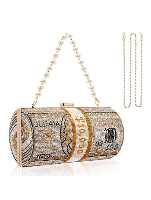 TANOSII Women Stack of Cash Evening Bag Crystal Rhinestone Clutch Money Shoulder Bag Dollar Bill Purse