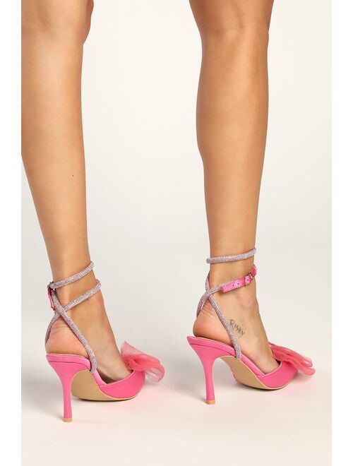 Lulus Lelanee Pink Satin Rhinestone Bow Ankle Strap Pumps