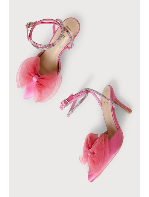 Lulus Lelanee Pink Satin Rhinestone Bow Ankle Strap Pumps