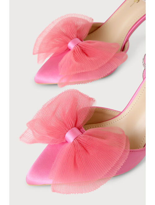 Lulus Lelanee Pink Satin Rhinestone Bow Ankle Strap Pumps