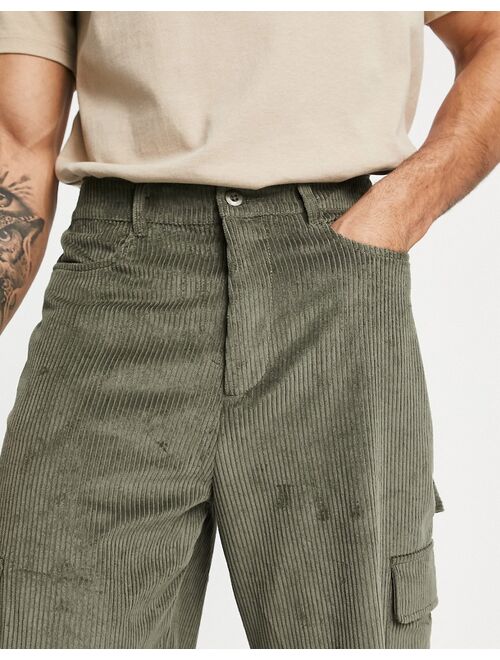 ASOS DESIGN wide leg cargo pants in khaki cord