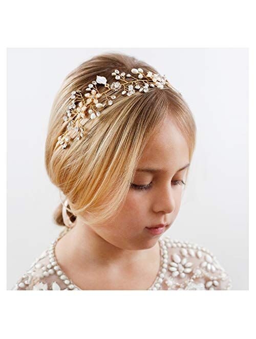 SWEETV Flower Girl Headpiece Silver Princess Wedding Headband -Baby Girls Flower Pearl Hair Accessories for Birthday Party, Photography